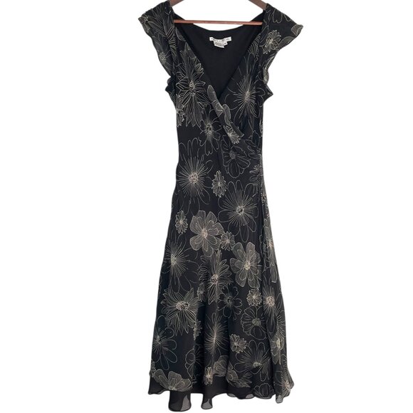 Vtg Y2K Maggy London A Line Midi Dress 10 Black White Floral Silk Flutter Sleeve - Picture 1 of 4